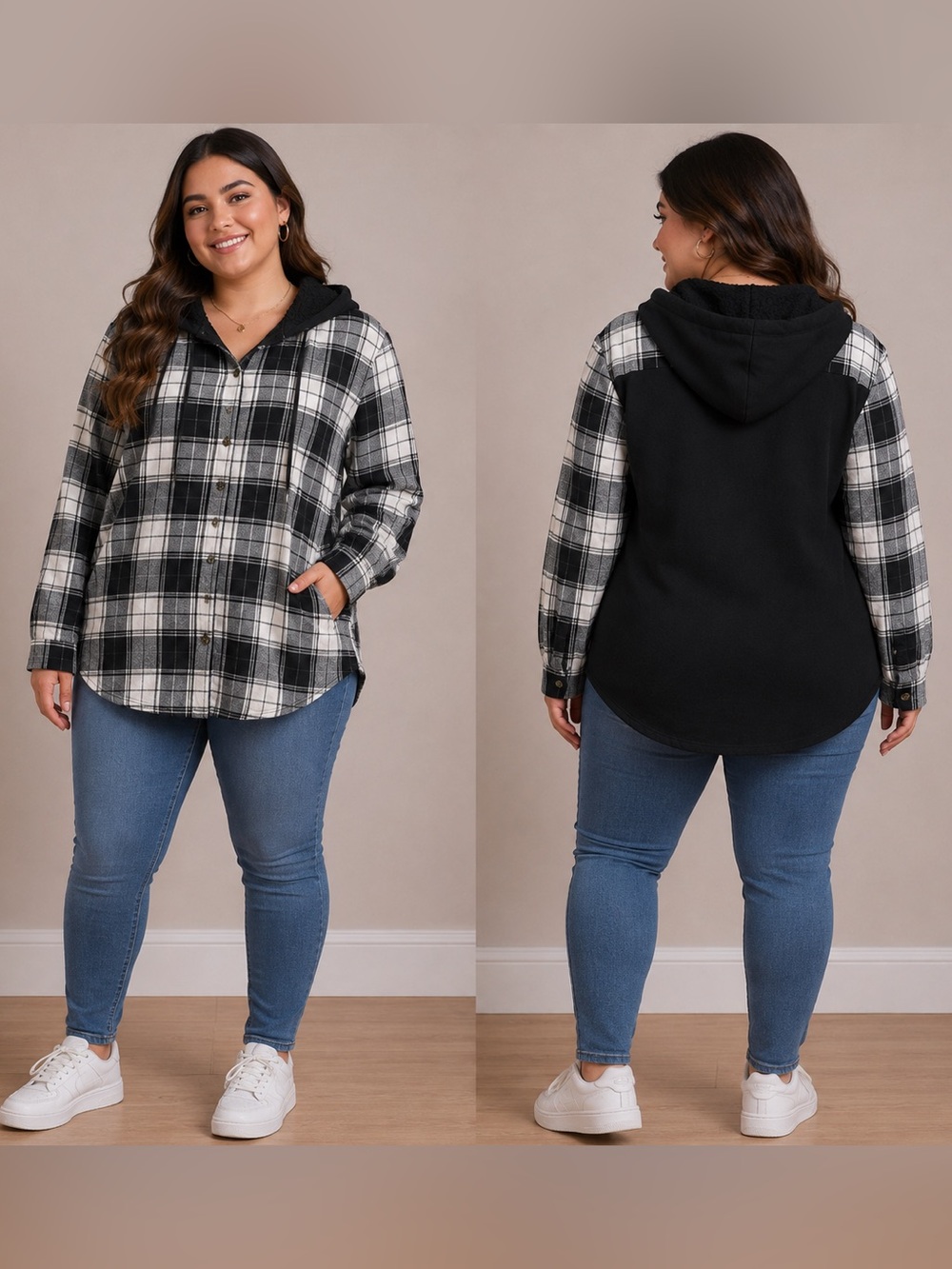 (0029) Women’s/Juniors: XL 15/17 No Boundaries Plaid Flannel Hooded Shirt- T4